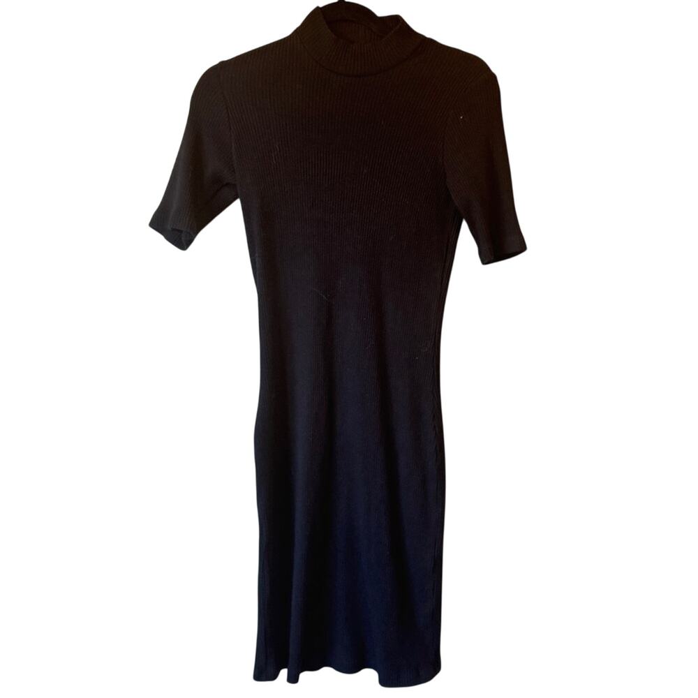 Monrow Black Ribbed Short Sleeve Sweater Dress Womens M Mini Open Back Casual